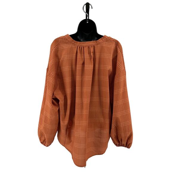 A New Day Popover Blouse WMNS XXL Rust Plaid Long Sleeve Office Work Top Shirt - Picture 4 of 10